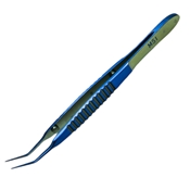 McPherson tying forceps, titanium Angled 45 degree 6 mm tying platforms Tips 0.3 mm wide TC platforms Flat handle 6 mm wide Overall length 84 mm, 3.3 inches     